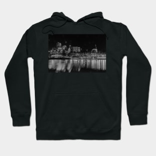 City at night, buildings, lights and corporate brands neon signs across Yarra River in monochrome Hoodie